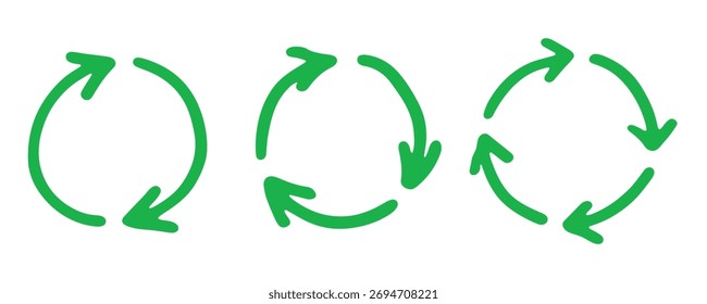 Conjunto de iconos de flecha de reciclaje dibujado a mano Reciclaje de recursos símbolo Reutilización de materiales, cero residuos, medio ambiente verde, salvar el planeta