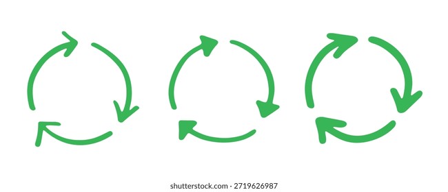 Conjunto de iconos de flecha de reciclaje dibujado a mano Reciclaje de recursos símbolo Reutilización de materiales, cero residuos, medio ambiente verde, salvar el planeta