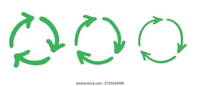 Conjunto de iconos de flecha de reciclaje dibujado a mano Reciclaje de recursos símbolo Reutilización de materiales, cero residuos, medio ambiente verde, salvar el planeta