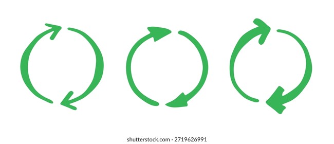 Conjunto de iconos de flecha de reciclaje dibujado a mano Reciclaje de recursos símbolo Reutilización de materiales, cero residuos, medio ambiente verde, salvar el planeta