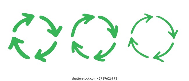 Conjunto de iconos de flecha de reciclaje dibujado a mano Reciclaje de recursos símbolo Reutilización de materiales, cero residuos, medio ambiente verde, salvar el planeta