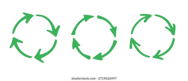 Set of hand drawn recycle arrow icon Recycling resources symbol Reuse of materials, zero waste, green environment, saving the planet