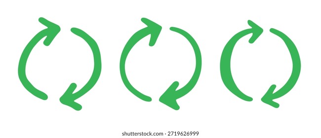 Set von Hand gezeichnete Recycling-Pfeil-Symbol Recycling-Ressourcen-Symbol Wiederverwendung von Materialien, Null Abfall, grüne Umwelt, Rettung des Planeten