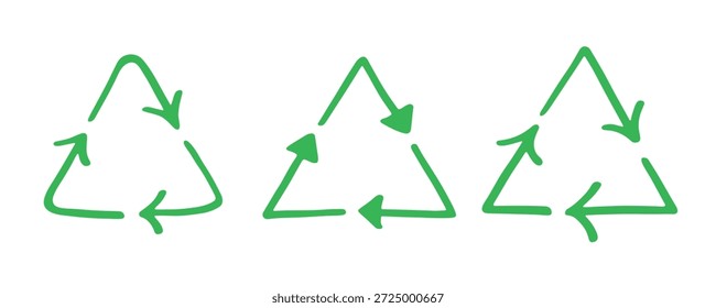 Conjunto de iconos de flecha de reciclaje dibujado a mano Reciclaje de recursos símbolo Reutilización de materiales, cero residuos, medio ambiente verde, salvar el planeta
