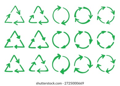 Conjunto de mão desenhado ícone de seta de reciclagem Símbolo de recursos de reciclagem Reutilização de materiais, desperdício zero, ambiente verde, salvando o planeta