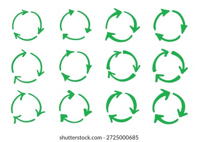 Conjunto de mão desenhado ícone de seta de reciclagem Símbolo de recursos de reciclagem Reutilização de materiais, desperdício zero, ambiente verde, salvando o planeta
