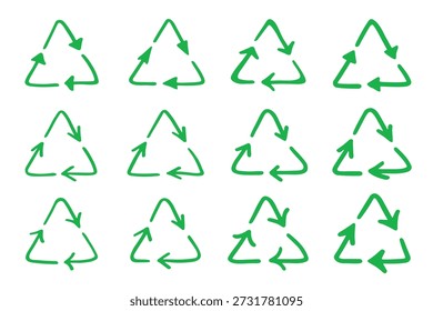 Conjunto de iconos de flecha de reciclaje dibujado a mano Reutilización de materiales, cero residuos, medio ambiente verde, salvando el planeta