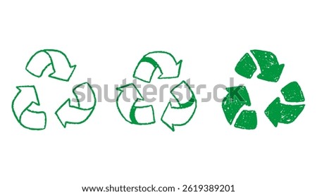 Set of hand drawn recycle arrows icons. Pencil and chalk style green color. Eco-friendly sketchy pencil line arrows. Vector illustration for sustainable development and ecological design