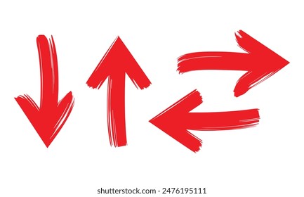Set of hand drawn Red Arrow Brush. Grunge arrow paint different direction vector illustration