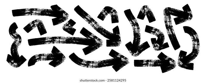 Set of hand drawn Red Arrow Brush. Grunge arrow paint different direction. Bold brush drawn curved and wavy arrows. Doodle marker thick arrows in different directions. Vector illustration