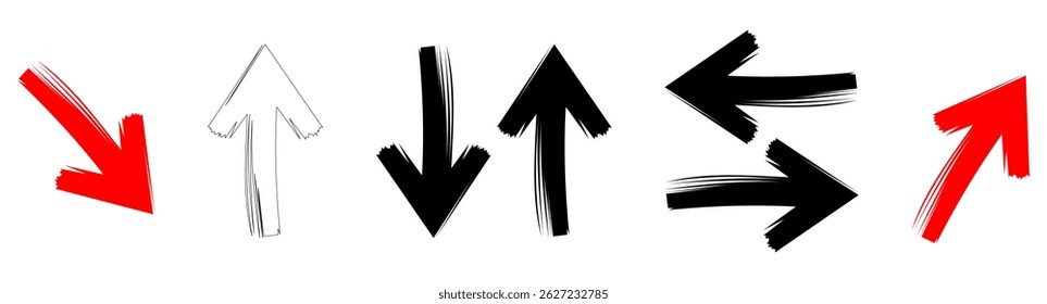 Conjunto de pincel de flecha roja dibujado a mano. Grunge flecha pintar diferente dirección Ilustración vectorial
