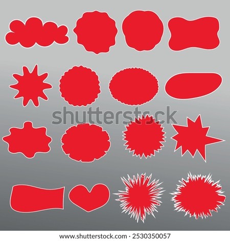 Set of hand drawn red badges, sunburst promo tags, vintage discount or special offer labels. Blank sale label, sunburst icons. Design elements, blank badges on steel background