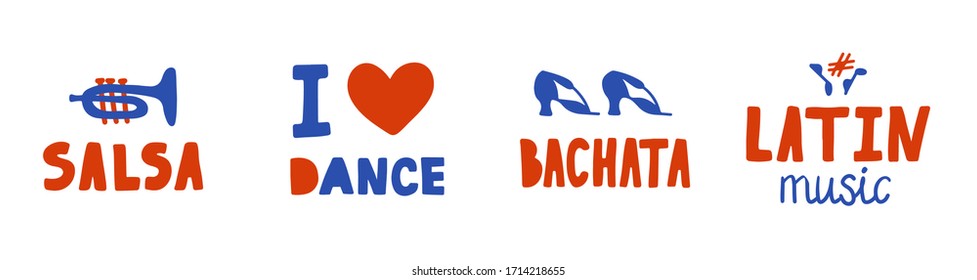 Set of hand drawn red and blue stickers. Lettering and elements on the theme of Latin dances and music. Can be used for salsa, bachata, etc. Vector EPS-10.