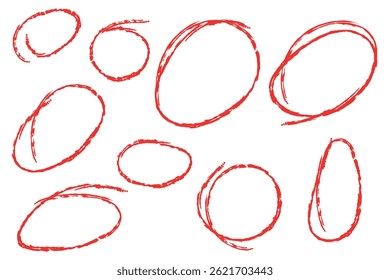 Set of hand drawn red brush circle highlighter design element grunge round shape
