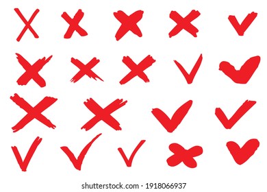 Set hand drawn red checkmark and cross appears. Illustration isolated on white background.
