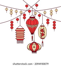 Set of hand drawn red Chinese lanterns. Japanese lights. Vector doodle style illustration on white background