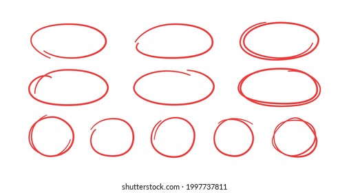 Set of hand drawn red circles and ovals. Highlight circle frames. Ellipses in doodle style. Vector illustration isolated on white background.