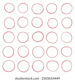 Set of hand drawn red circles and ovals. Highlight circle frames. Ellipses in doodle style. Vector illustration. EPS 10.