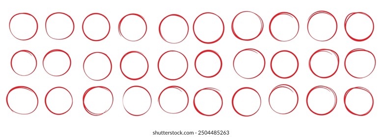 Conjunto de círculos rojos dibujados a mano y óvalos. Resalte los marcos circulares. Elipses en estilo doodle. Ilustración vectorial 10 eps.