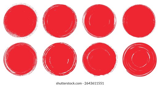 Set of hand drawn red circles. Grunge brush stroke textures, watercolor ink stamps and rough round badges. Vector illustration