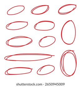 Conjunto de círculos rojos dibujados a mano y óvalos. Resalte los marcos circulares. Elipses en estilo doodle. Ilustración vectorial aislada sobre fondo blanco. Ilustración vectorial. 888