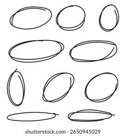 Conjunto de círculos rojos dibujados a mano y óvalos. Resalte los marcos circulares. Elipses en estilo doodle. Ilustración vectorial aislada sobre fondo blanco. Ilustración vectorial. 888