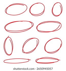Set of hand drawn red circles and ovals. Highlight circle frames. Ellipses in doodle style. Vector illustration isolated on white background. Vector illustration. 888