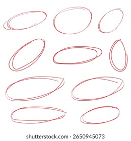 Conjunto de círculos e ovais vermelhos desenhados à mão. Realce os quadros circulares. Reticências no estilo doodle. Ilustração vetorial isolada sobre fundo branco. Ilustração vetorial. 888