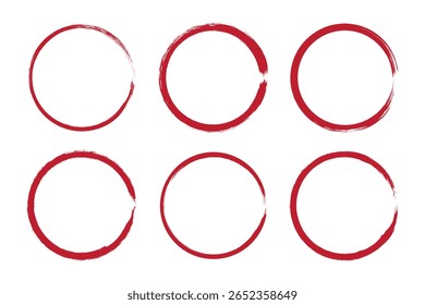 Set of hand drawn red circles. Grunge brush stroke textures, watercolor ink stamps and rough round badges. Vector illustration