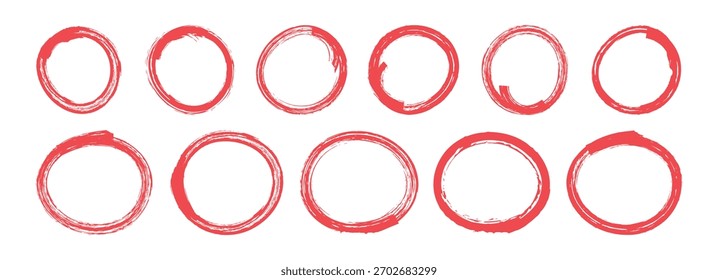  Conjunto de círculos e ovais vermelhos desenhados à mão. Realce os quadros circulares. Reticências no estilo doodle. Círculo de desenho. Rabiscar rabisco. Círculo do pincel. Ilustração vetorial.