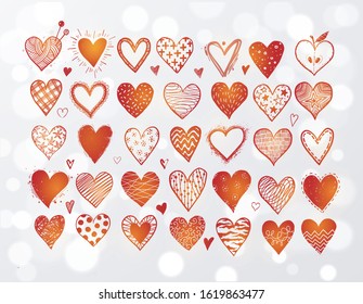Set of hand drawn red doodle sketch hearts on white glowing background.