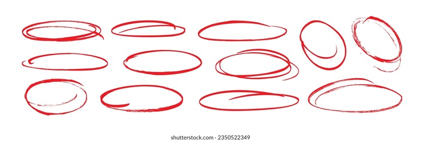 Set of hand drawn red doodle ellipses. Bright red scribble ovals and bubbles to circle and highlight text. Collection of different brush drawn black circles. Marker round elements isolated on white.