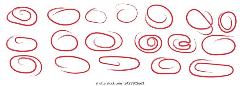 Set of hand drawn red doodle ellipses. Bright red scribble ovals and bubbles to circle and highlight text. Collection of different brush drawn black circles. Marker round elements isolated on white.