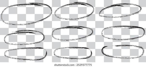 Set of hand drawn red doodle ellipses. Bright red scribble ovals and bubbles to circle and highlight text. Collection of different brush drawn black circles. Marker round elements isolated on white.