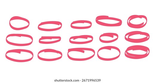 Conjunto de elipses de doodle rojo dibujadas a mano. Ovalos y burbujas de garabatos rojos brillantes para rodear y resaltar el texto. Colección de diferentes círculos negros dibujados con pincel. Marcador de Elementos redondos aislados en blanco