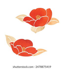 Set of hand drawn red flowerand leaves with Japanese pattern vector. Oriental decoration with logo design, flyer or presentation in vintage style. Icon and symbol design.