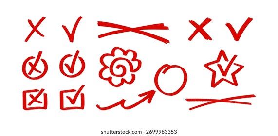 Establecer marcas de examen de grado rojo dibujadas a mano. Incluye marcas de verificación, marcas cruzadas y símbolos de clasificación, signos de hanamaru. Elementos sencillos y de Vector para el Comentarios educativo y el diseño de la evaluación.