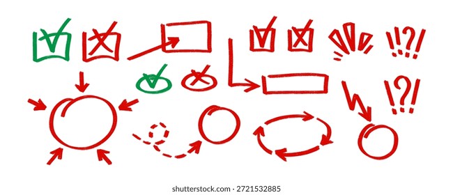 Conjunto de marcas de tiza rojo y verde dibujadas a mano. Incluye marcas de verificación, cruces, flechas, círculos, signos de exclamación y signos de interrogación en estilo crayón para la calificación del examen, corrección y notas del maestro.