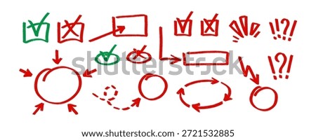 Set of hand drawn red and green chalk marks. Includes checkmarks, crosses, arrows, circles, exclamation and question marks in crayon style for exam grading, correction, and teacher notes.