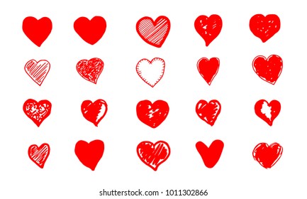 Set of hand drawn red grunge hearts. Vector illustration.