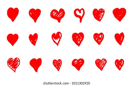 Set of hand drawn red grunge hearts. Vector illustration.
