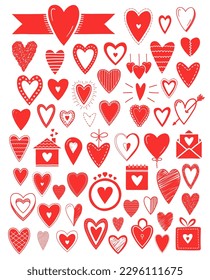 Satz handgezeichneter roter Herzsymbole, Vektorgrafik
