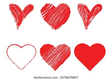 Set of hand drawn red heart vector illustration design element