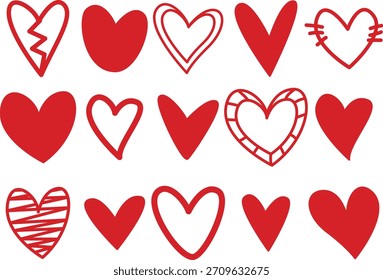 Conjunto de ilustraciones de corazón rojo dibujado a mano Elementos de ilustración de estilo garabato