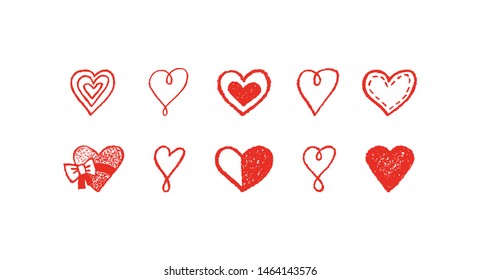 Set of hand drawn red hearts. Heart icons are isolated on white background. Vector illustration for your graphic design. Love, Valentine's, Wedding theme. EPS10