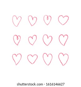Set of hand drawn red hearts with texture. Doodle outline of hearts. Vector illustration. For decoration Valentine's day. For greeting card, banners, web design, decoration of the storefront, printing
