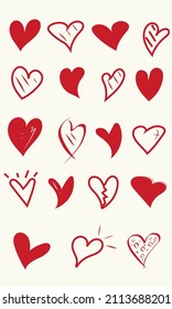 Set of hand drawn red hearts. Vector design elements isolated on white background.