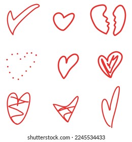 Set hand drawn red hearts.