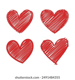 Set of hand drawn red hearts isolated on white background. Vector illustration.