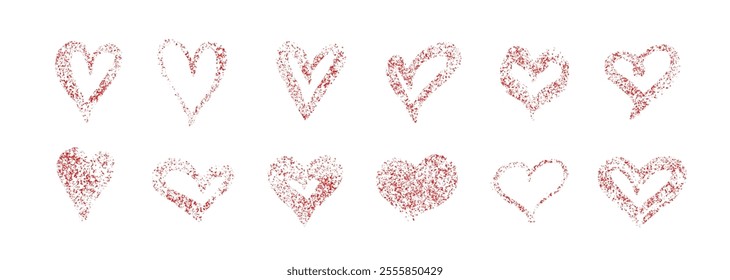 Set of hand drawn red hearts. Heart drawn with wax pencil, grainy texture , doodle elements for valentine's day. Vector collection of love symbols.